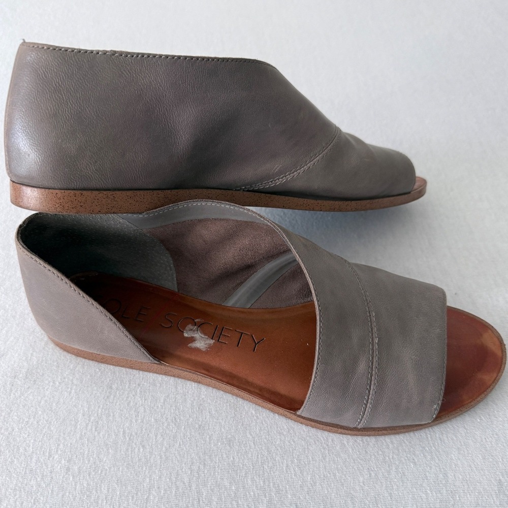 Sole Society D'Orsay Flat Sandals Women 10 Leather Taupe Grey Asymmetrical Peep